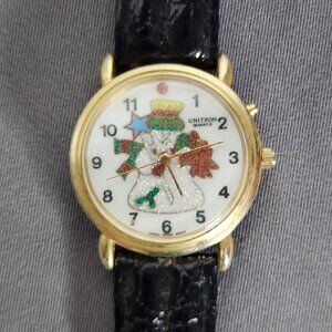 Unitron Quartz Vintag Singing Snowman Glitter Hong Kong Movt Leather Strap Watch